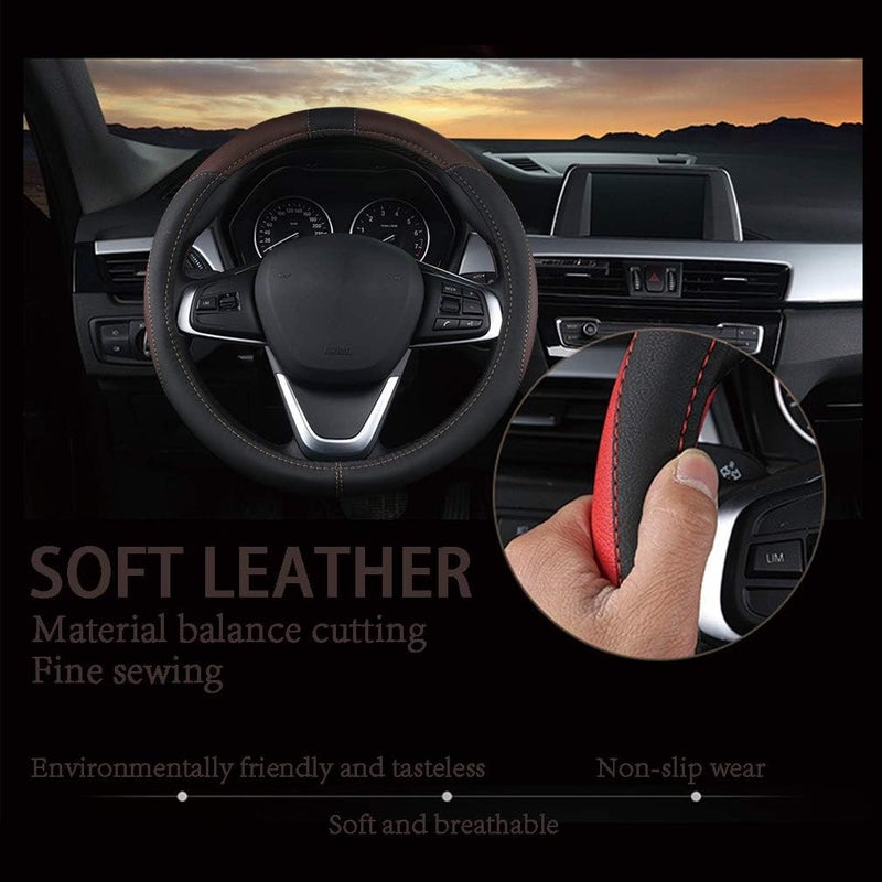 Coofig Durable PU Leather Steering Wheel Cover, Universal 15 Inch, Breathable and Non-Slip Car Steering Wheel Cover, Steering Wheel Cover for Men and Women (Black Coffee) - Image 2
