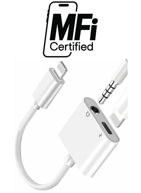 Headphone Adapter, Suitable For Iphone, 2 In 1 Charger + Auxiliary Audio Splitter Support Charging + Music Control (White)
