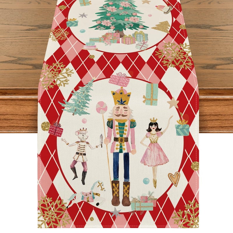 Artoid Mode Red Diamond Plaid Nutcracker Snowflake Christmas Table Runner Winter Kitchen Dining Table Decoration for Home Party Decor 13x72 Inch