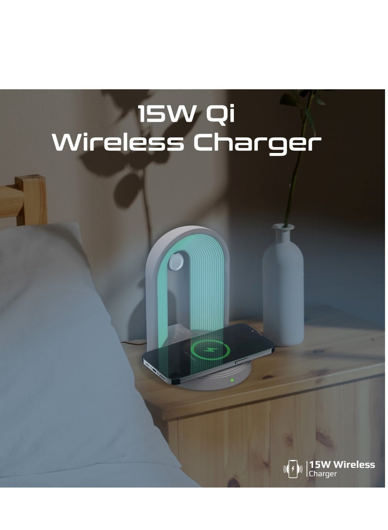 PROMATE Led Night Lamp With Premium 15W Qi Wireless Charger, Bluetooth Speaker, Adjustable Brightness, Charging Protection, Touch Control, Stylish Design And 360° Surround Sound For iPhone 17,Globe-Qi - White - Image 5