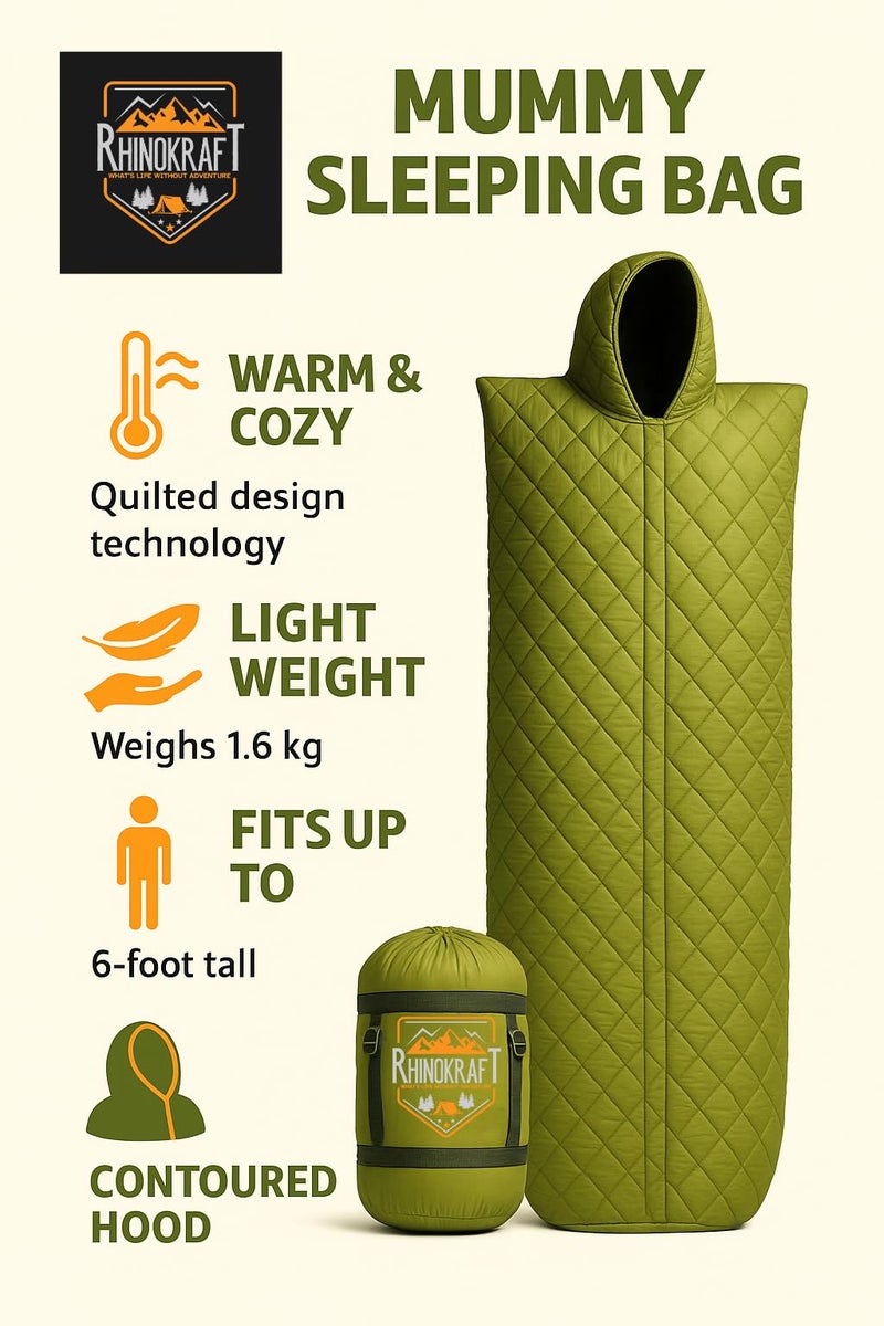 RhinoKraft Beast Quilted Mummy Sleeping Bag | Fixed Fur Insulation for Winter | 5–20 °C Comfort | 1.7 kg Lightweight | Fits Up to 7-ft Tall | Rugged Olive Army Sleeping Bag for Camping & Trekking - Image 2