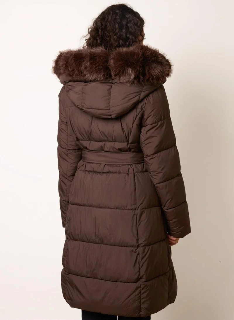 بلو فانيلا Pelted Faux Fur Hood Longline Puffer