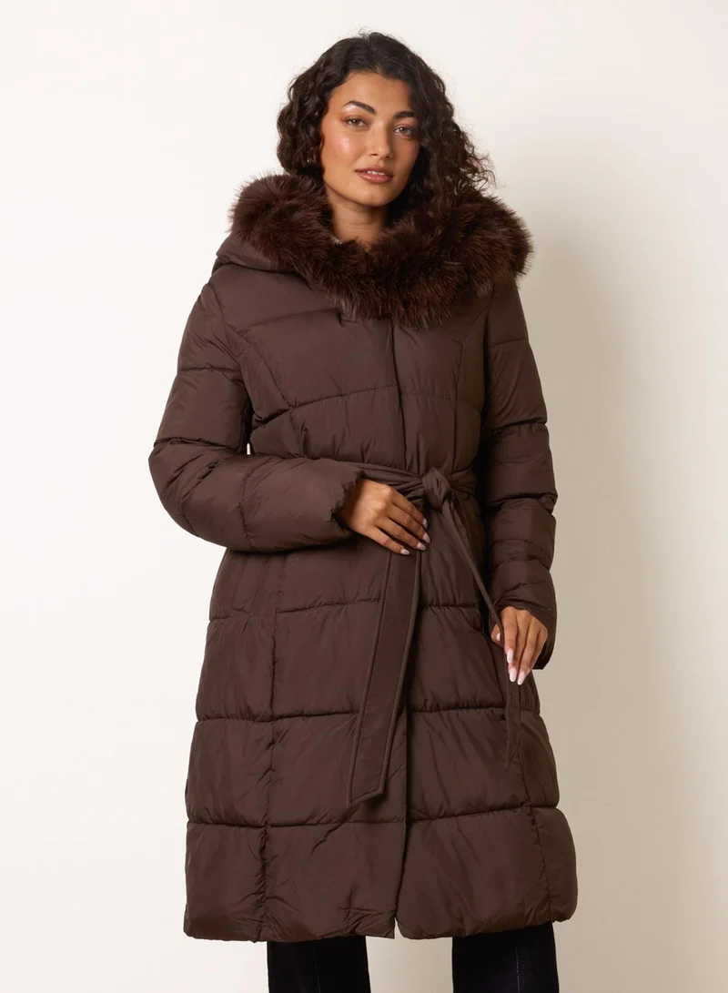 بلو فانيلا Pelted Faux Fur Hood Longline Puffer