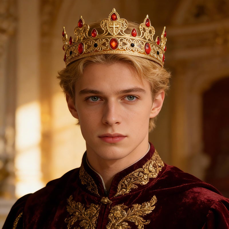 YOUlDIANZI King Crown for Men, Prince Diadem, Royal Medieval Cosplay Birthday Prom Halloween Hair Accessories (Gold & Red) - Image 3