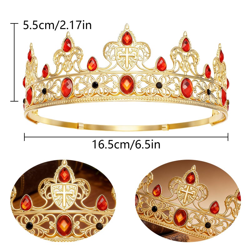 YOUlDIANZI King Crown for Men, Prince Diadem, Royal Medieval Cosplay Birthday Prom Halloween Hair Accessories (Gold & Red) - Image 2