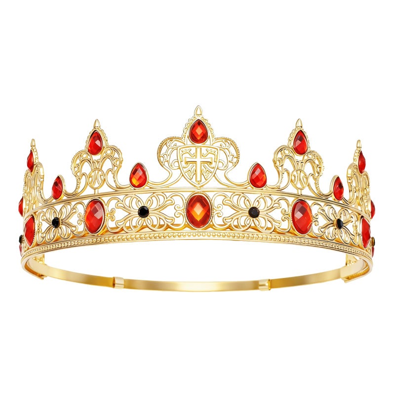 YOUlDIANZI King Crown for Men, Prince Diadem, Royal Medieval Cosplay Birthday Prom Halloween Hair Accessories (Gold & Red) - Image 1