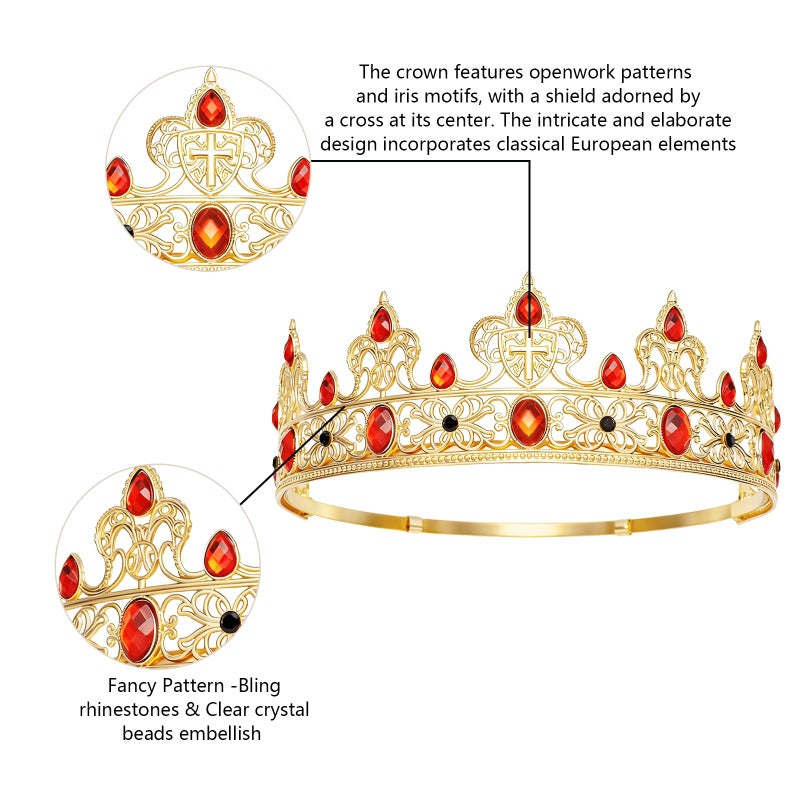 YOUlDIANZI King Crown for Men, Prince Diadem, Royal Medieval Cosplay Birthday Prom Halloween Hair Accessories (Gold & Red) - Image 4
