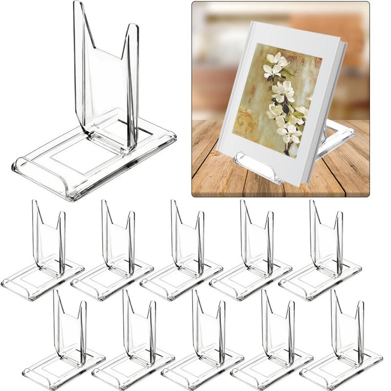 TERDEWE 10 Pack Acrylic Book Stand for Display Adjustable Clear Display Holder Easel Collector Stand for Home Office Back to School Comic Album CD Magazine Postcard Artworks 42 x 43 x 235 Inch