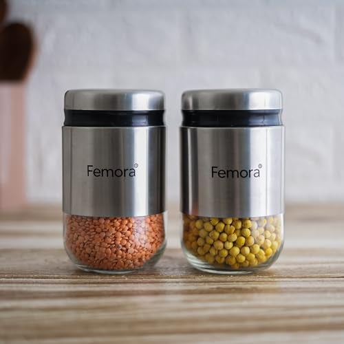 Femora Cylindrical See-Through Glass Jars with Stainless Steel Body | Airtight Storage for Snacks, Fried Food, Masala, Spices & Cookies | 550 ML | Set of 2 | 1-Year Warranty - Image 2