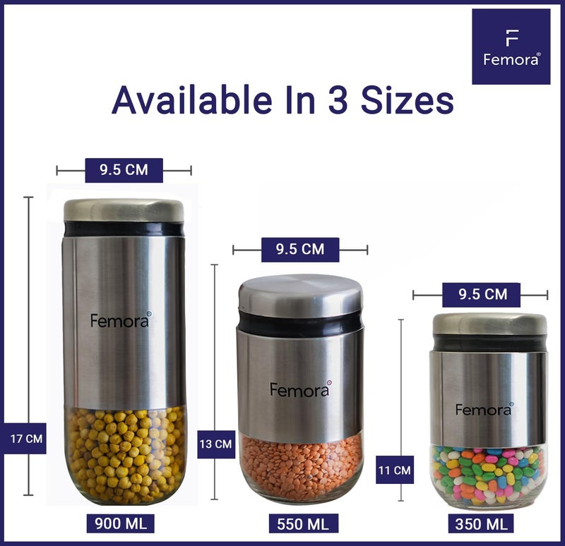Femora Cylindrical See-Through Glass Jars with Stainless Steel Body | Airtight Storage for Snacks, Fried Food, Masala, Spices & Cookies | 550 ML | Set of 2 | 1-Year Warranty - Image 4