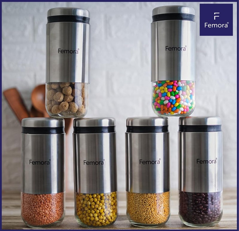 Femora Cylindrical See-Through Glass Jars with Stainless Steel Body | Airtight Storage for Snacks, Fried Food, Masala, Spices & Cookies | 550 ML | Set of 2 | 1-Year Warranty - Image 3