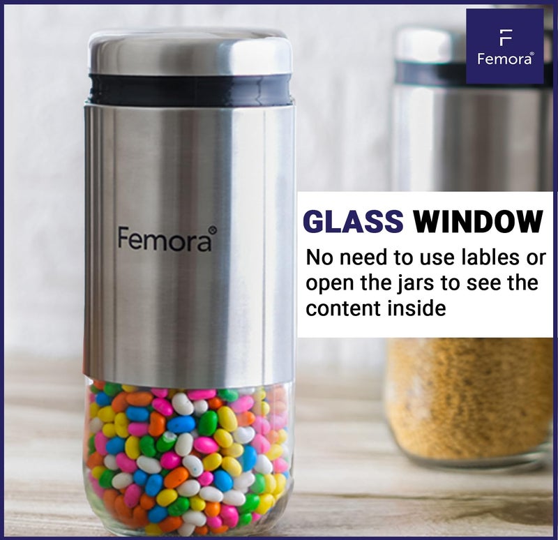 Femora Cylindrical See-Through Glass Jars with Stainless Steel Body | Airtight Storage for Snacks, Fried Food, Masala, Spices & Cookies | 550 ML | Set of 2 | 1-Year Warranty - Image 5