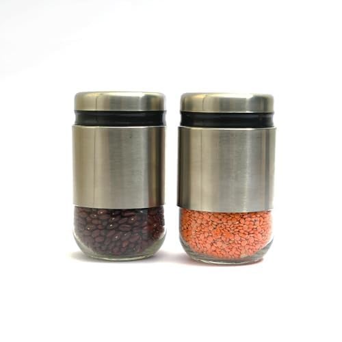 Femora Cylindrical See-Through Glass Jars with Stainless Steel Body | Airtight Storage for Snacks, Fried Food, Masala, Spices & Cookies | 550 ML | Set of 2 | 1-Year Warranty - Image 1