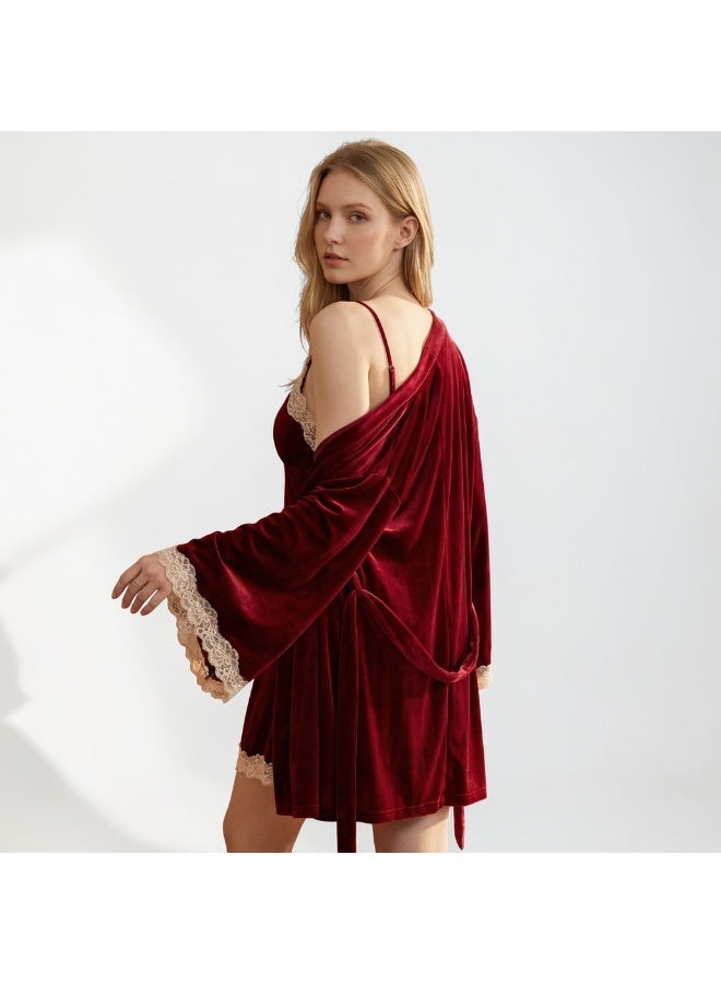 Velvet lingerie set with wide sleeves and lace trim - Image 3