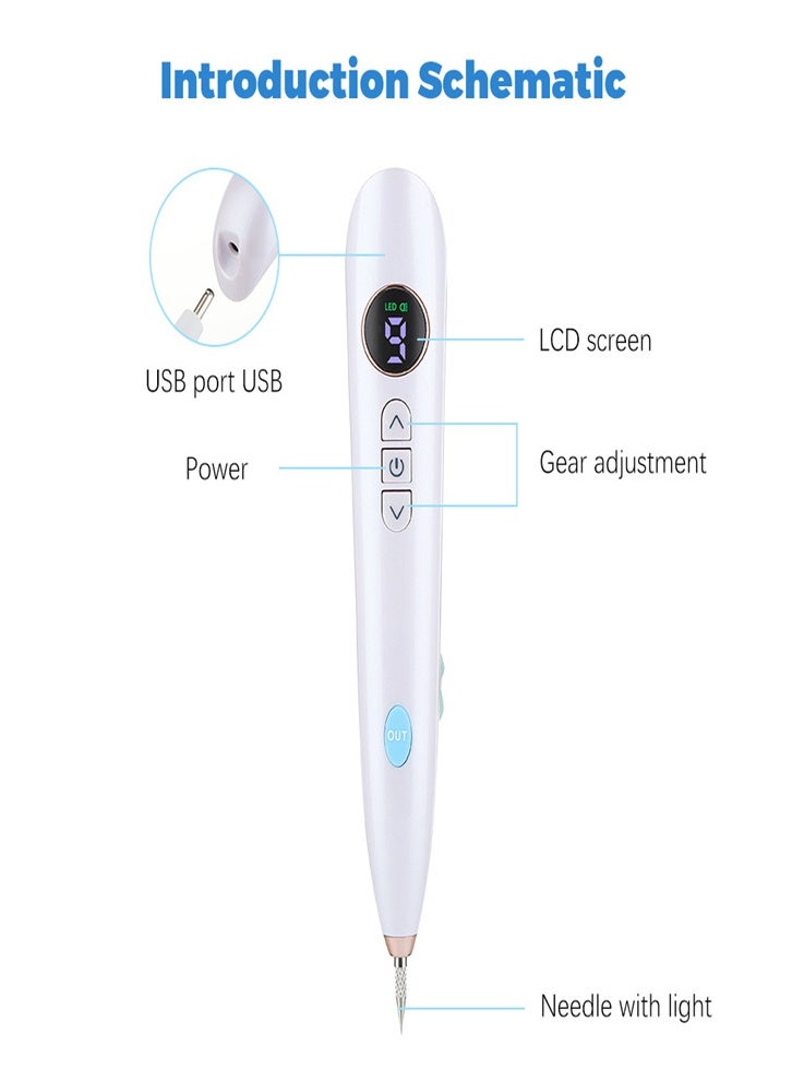 Professional 9-Level LCD Screen Spot Removal Pen - USB Rechargeable Skin Tag and Wart Remover, Portable Spot Removal Pen with Replacement Needles, Suitable for Freckles and Tattoos (White) - Image 5