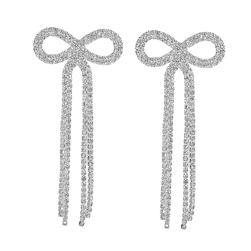 fxmimior Women Bridal Silver Bow Rhinestone Earrings Dangling for Women Chandelier Statement Tassel Earrings Sparkly Drop Crystal Earrings Halloween Long Dangle Earrings - Image 2