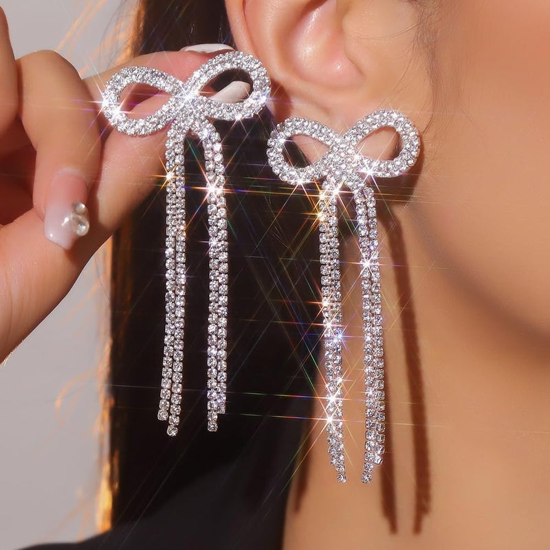 fxmimior Women Bridal Silver Bow Rhinestone Earrings Dangling for Women Chandelier Statement Tassel Earrings Sparkly Drop Crystal Earrings Halloween Long Dangle Earrings - Image 3