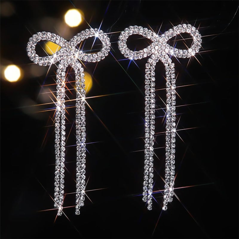 fxmimior Women Bridal Silver Bow Rhinestone Earrings Dangling for Women Chandelier Statement Tassel Earrings Sparkly Drop Crystal Earrings Halloween Long Dangle Earrings - Image 4
