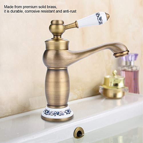 Fdit Ceramic Antique Brass Bathroom Sink Faucet Blue White Porcelain Long Neck Vintage Faucet Mixer Sink Tap Kitchen Cold/Hot Water Basin Tap(Antique) - Image 4