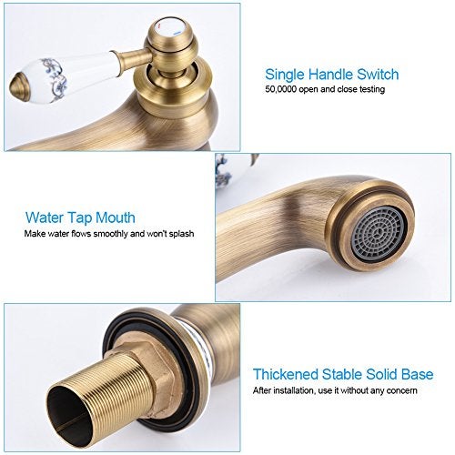 Fdit Ceramic Antique Brass Bathroom Sink Faucet Blue White Porcelain Long Neck Vintage Faucet Mixer Sink Tap Kitchen Cold/Hot Water Basin Tap(Antique) - Image 2