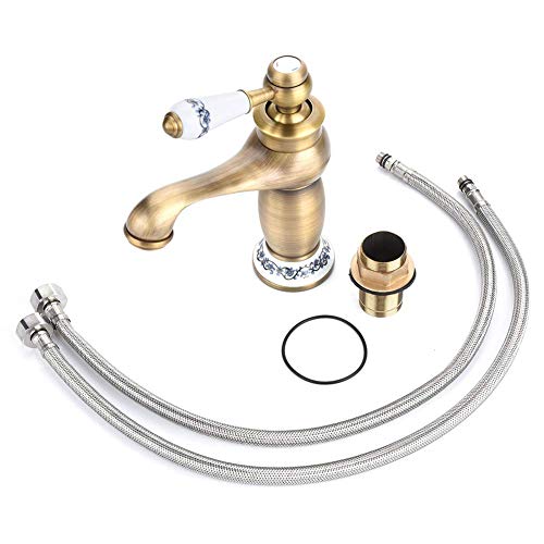Fdit Ceramic Antique Brass Bathroom Sink Faucet Blue White Porcelain Long Neck Vintage Faucet Mixer Sink Tap Kitchen Cold/Hot Water Basin Tap(Antique) - Image 5