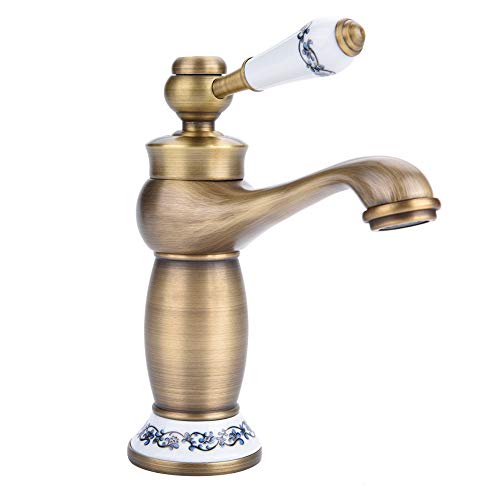 Fdit Ceramic Antique Brass Bathroom Sink Faucet Blue White Porcelain Long Neck Vintage Faucet Mixer Sink Tap Kitchen Cold/Hot Water Basin Tap(Antique) - Image 1