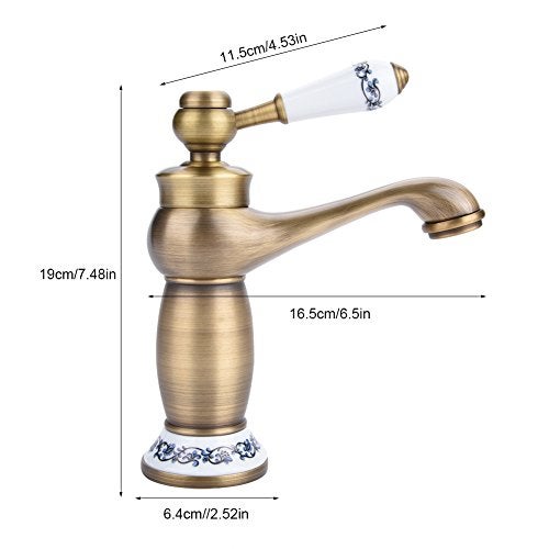 Fdit Ceramic Antique Brass Bathroom Sink Faucet Blue White Porcelain Long Neck Vintage Faucet Mixer Sink Tap Kitchen Cold/Hot Water Basin Tap(Antique) - Image 3