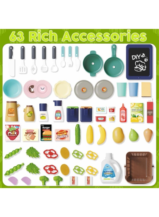 إيسي طقم ألعاب مطبخ الأطفال 63 قطعة، مطبخ اللعب التظاهري مع أصوات وأضواء، موقد طبخ بخار ومغسلة لعب وطعام، طقم مطبخ ألعاب للأطفال من سن 3-8 سنوات، أخضر - Image 4