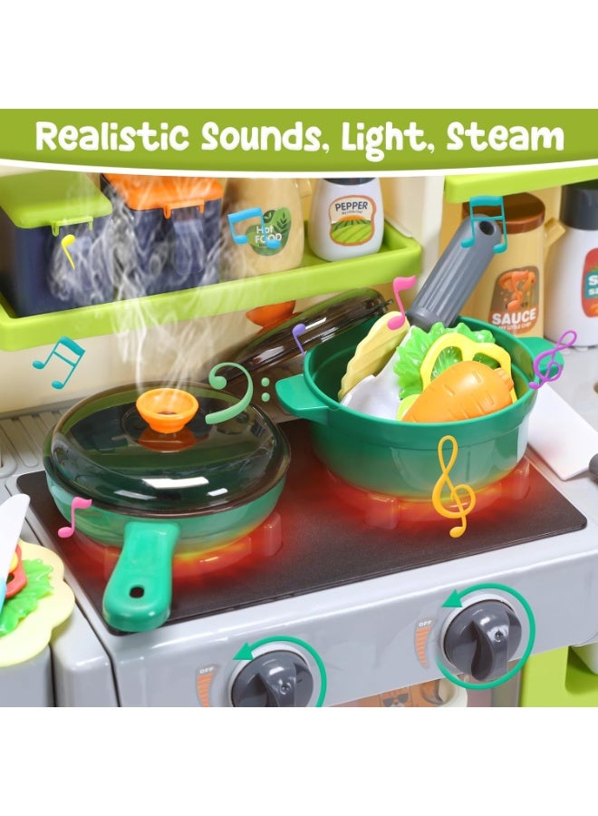 إيسي طقم ألعاب مطبخ الأطفال 63 قطعة، مطبخ اللعب التظاهري مع أصوات وأضواء، موقد طبخ بخار ومغسلة لعب وطعام، طقم مطبخ ألعاب للأطفال من سن 3-8 سنوات، أخضر - Image 5