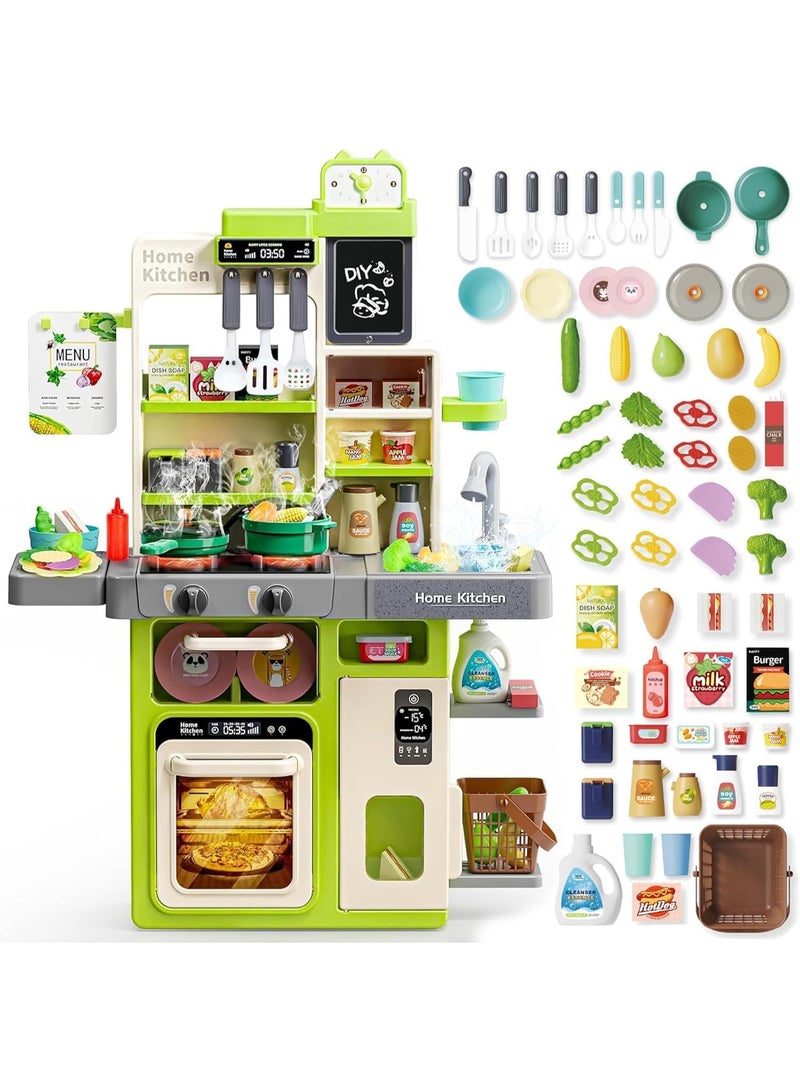 إيسي طقم ألعاب مطبخ الأطفال 63 قطعة، مطبخ اللعب التظاهري مع أصوات وأضواء، موقد طبخ بخار ومغسلة لعب وطعام، طقم مطبخ ألعاب للأطفال من سن 3-8 سنوات، أخضر - Image 1