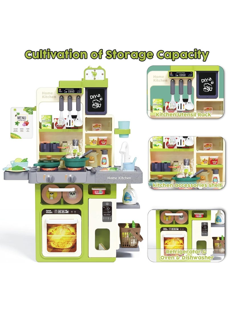 إيسي طقم ألعاب مطبخ الأطفال 63 قطعة، مطبخ اللعب التظاهري مع أصوات وأضواء، موقد طبخ بخار ومغسلة لعب وطعام، طقم مطبخ ألعاب للأطفال من سن 3-8 سنوات، أخضر - Image 2