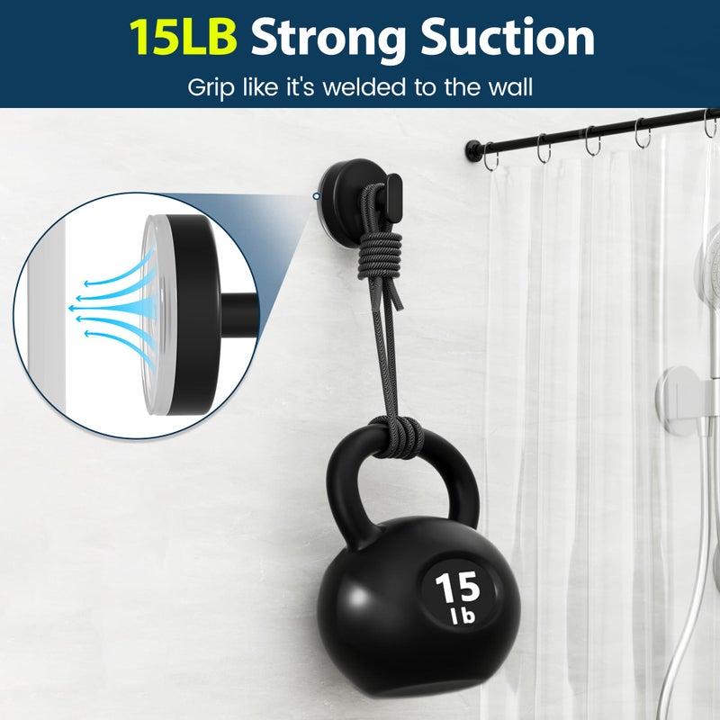 pickpiff Suction Cup Hooks for Shower: 15 LB Strong Wall Hanger for Bathroom, Front Door, Glass, Window, RV, Holder for Towel, Christmas Wreath, Coat, Loofah, Waterproof & Reusable, Matt Black 4 Pack - Image 2
