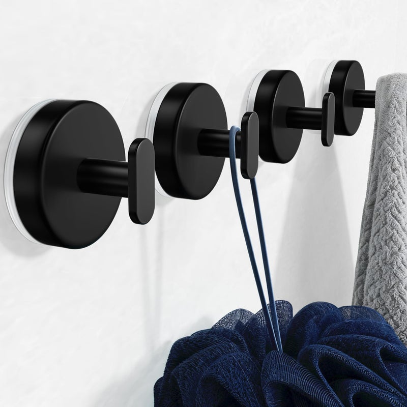 pickpiff Suction Cup Hooks for Shower: 15 LB Strong Wall Hanger for Bathroom, Front Door, Glass, Window, RV, Holder for Towel, Christmas Wreath, Coat, Loofah, Waterproof & Reusable, Matt Black 4 Pack - Image 1