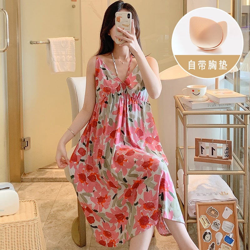 New Style Cotton Silk Nightdress Women'S Summer Sweet Sling Cotton Silk Thin Atmospheric Fashion Anti-Bump Dress With Chest Pad - Image 2