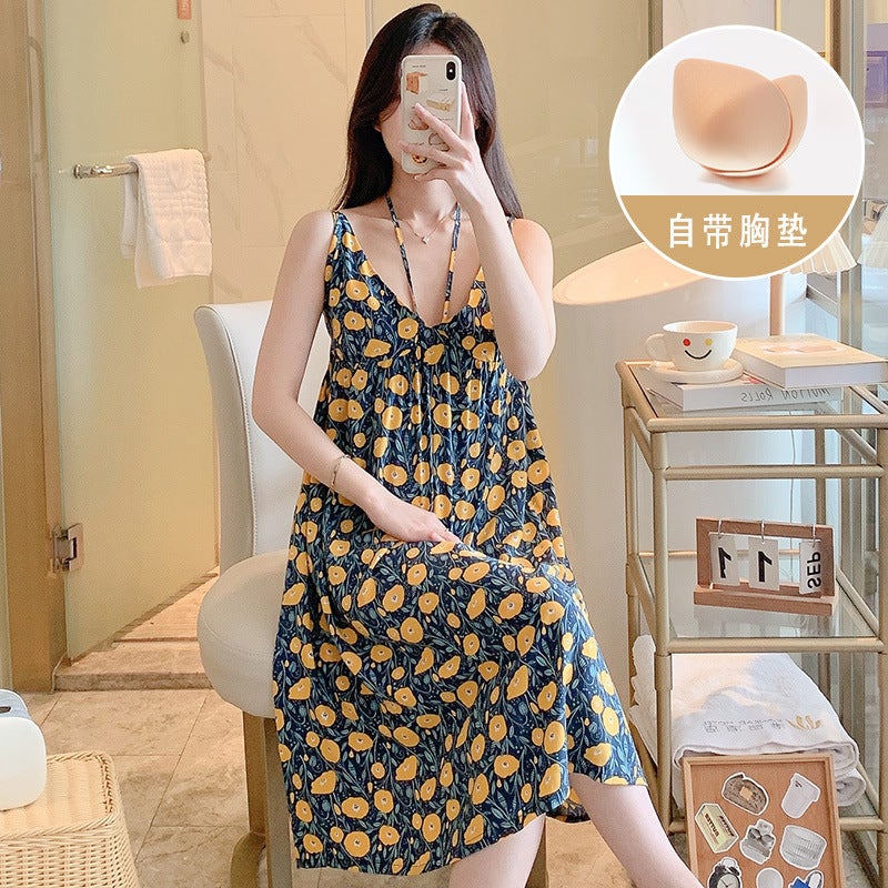 New Style Cotton Silk Nightdress Women'S Summer Sweet Sling Cotton Silk Thin Atmospheric Fashion Anti-Bump Dress With Chest Pad - Image 4