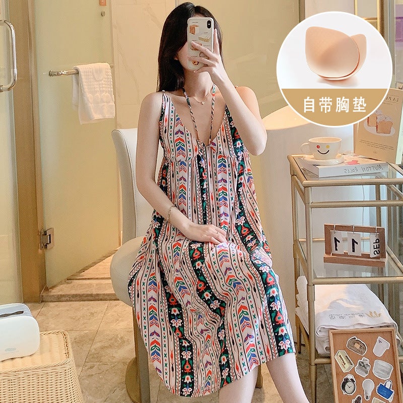 New Style Cotton Silk Nightdress Women'S Summer Sweet Sling Cotton Silk Thin Atmospheric Fashion Anti-Bump Dress With Chest Pad - Image 5