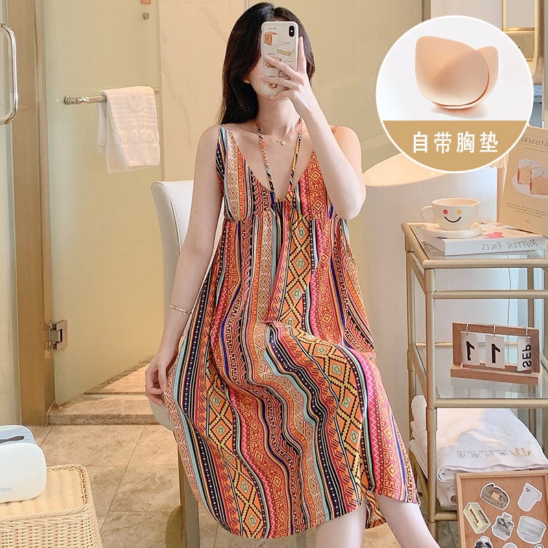 New Style Cotton Silk Nightdress Women'S Summer Sweet Sling Cotton Silk Thin Atmospheric Fashion Anti-Bump Dress With Chest Pad - Image 3