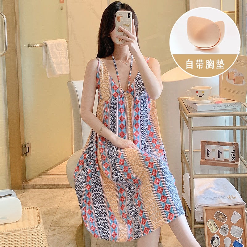 New Style Cotton Silk Nightdress Women'S Summer Sweet Sling Cotton Silk Thin Atmospheric Fashion Anti-Bump Dress With Chest Pad - Image 1