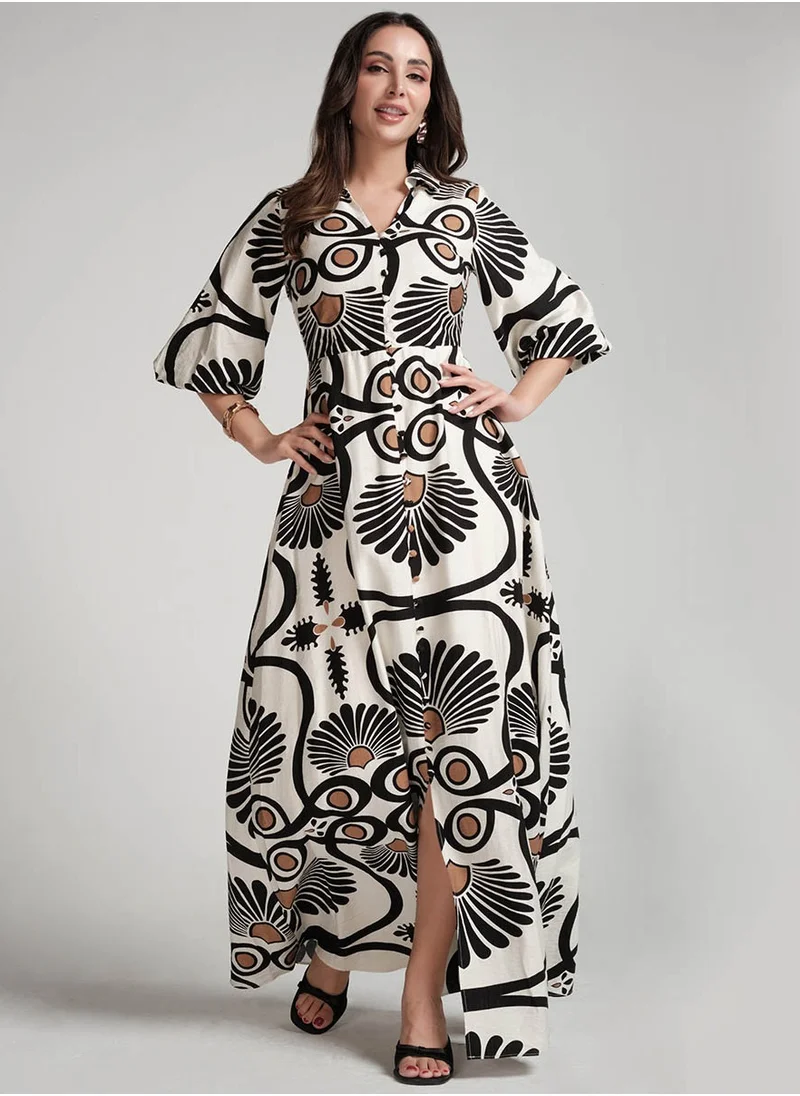 Zigzag Front Buttoned Printed Maxi Dress