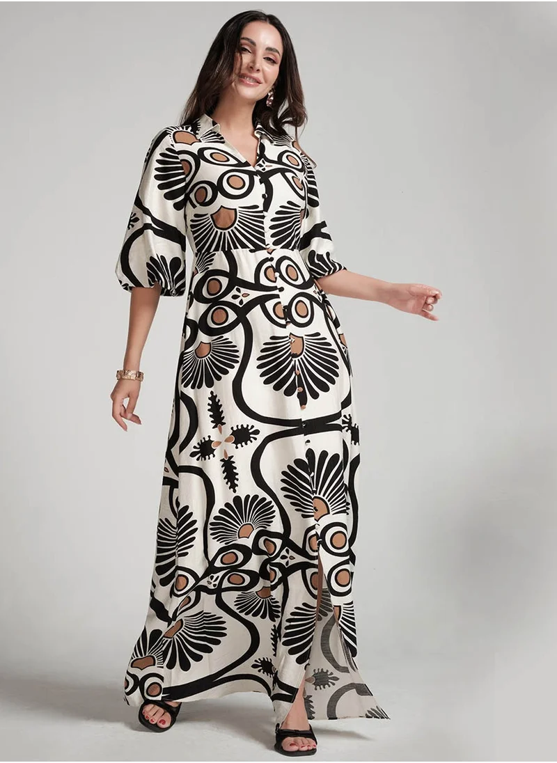 Zigzag Front Buttoned Printed Maxi Dress