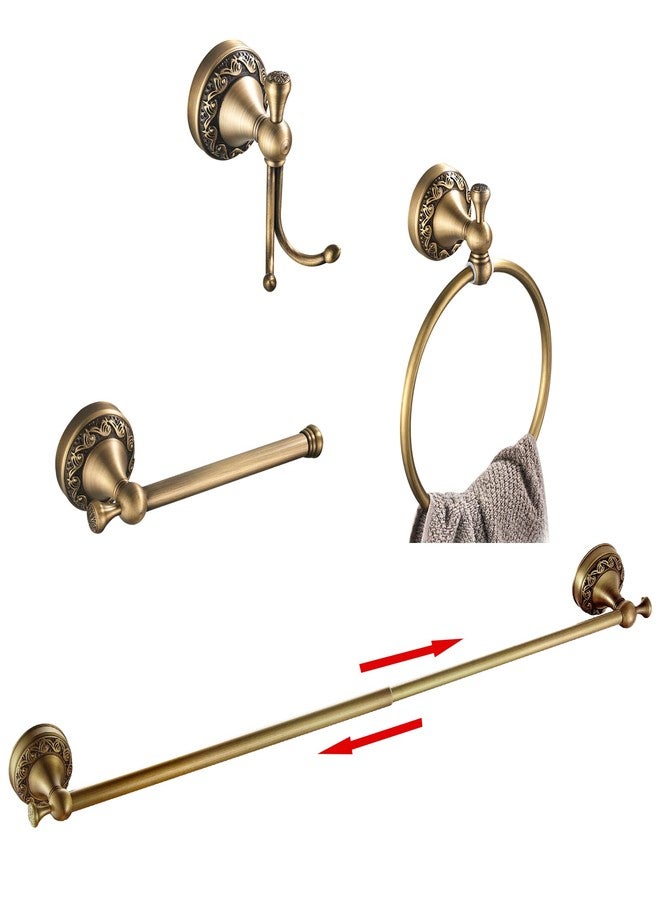 BATHSIR Antique Brass Towel Bar Set, Adjustable Bathroom Accessories Include Expandable Towel Holder Toilet Paper Holder Towel Ring Robe Hook Retro Carved Style Hardware 4 Piece Wall Mount - Image 1