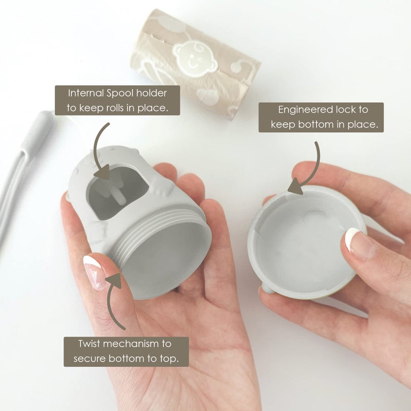 Moodie Teddy Bear Dispenser | Diaper Trash Bags on the Go Dispenser w/Silicon Strap | 15 UNSCENTED Baby Poop Bags per Roll | Dirty Diaper Bag Dispenser Disposable | Diaper Waste Bags (GREY) - Image 3