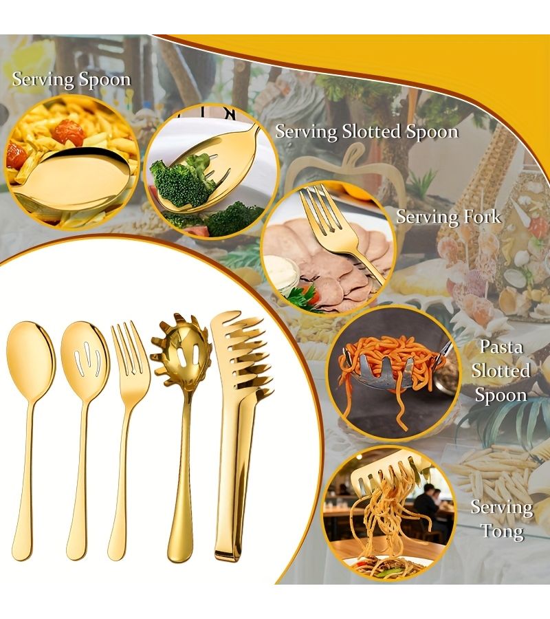 طقم أدوات مائدة خدمة من الفولاذ المقاوم للصدأ باللون الفضي يتكون من 5 قطع، مثالي للموائد المفتوحة والمطاعم والأكل العائلي. - Image 4