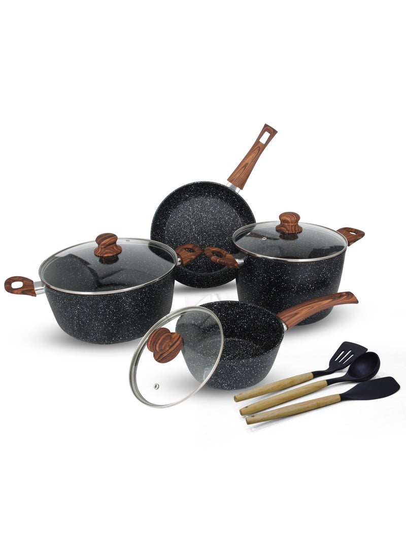 Bright Home 10Pcs Marble Cooking Set Scratch Resist Tempered Glass Lid Soft Handle (Black) - Image 1