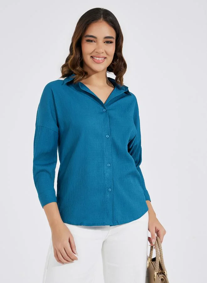 Styli Textured Longline Shirt with Back Button Placket