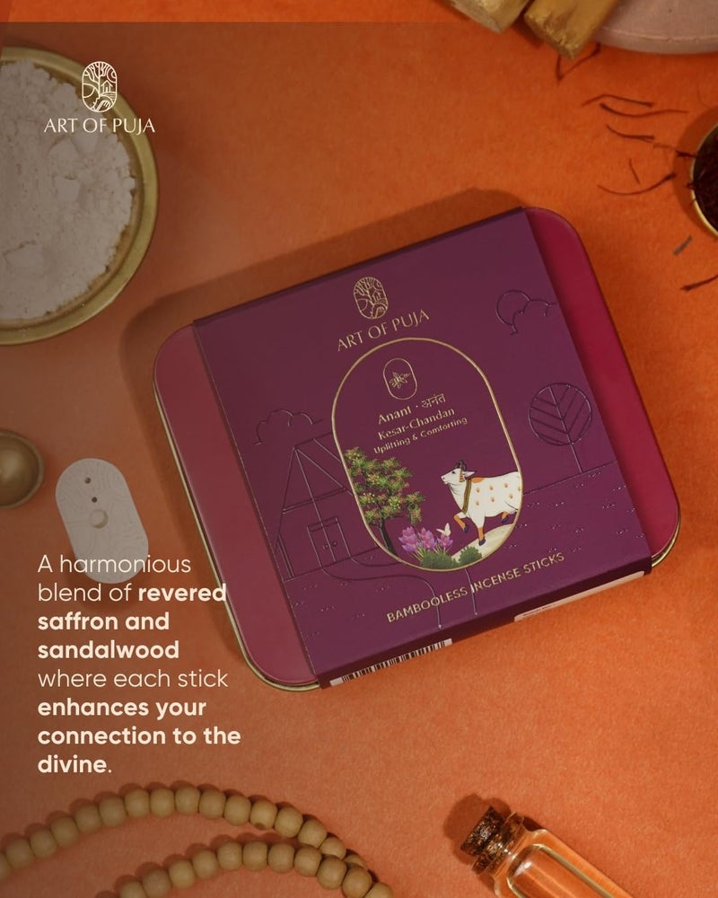 ART OF PUJA Kesar Chandan Bambooless Sticks-27 Premium Dhoop Sticks | 1 Hr Burn, 2+ Hr Fragrance | Saffron Sandalwood Aroma | Low Smoke | Free Dhoop Holder | Reusable Tin Box - Image 3