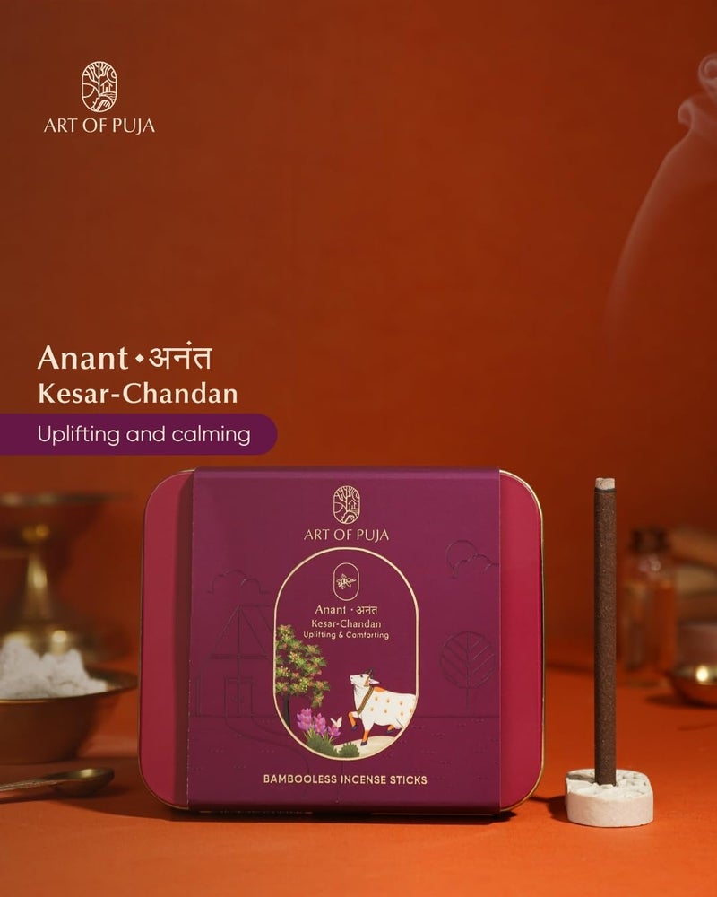 ART OF PUJA Kesar Chandan Bambooless Sticks-27 Premium Dhoop Sticks | 1 Hr Burn, 2+ Hr Fragrance | Saffron Sandalwood Aroma | Low Smoke | Free Dhoop Holder | Reusable Tin Box - Image 2