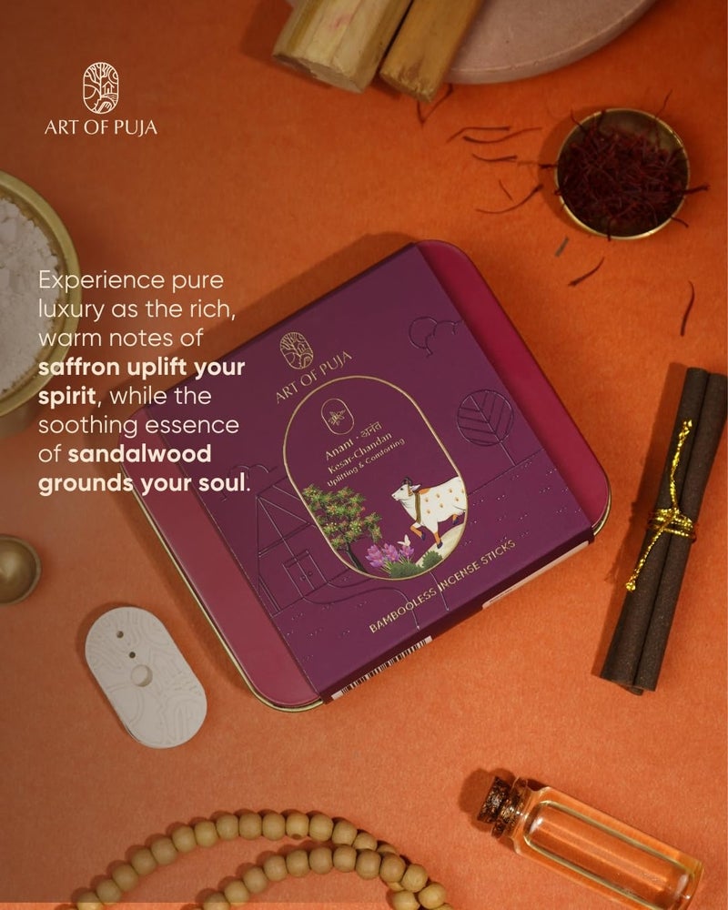 ART OF PUJA Kesar Chandan Bambooless Sticks-27 Premium Dhoop Sticks | 1 Hr Burn, 2+ Hr Fragrance | Saffron Sandalwood Aroma | Low Smoke | Free Dhoop Holder | Reusable Tin Box - Image 4