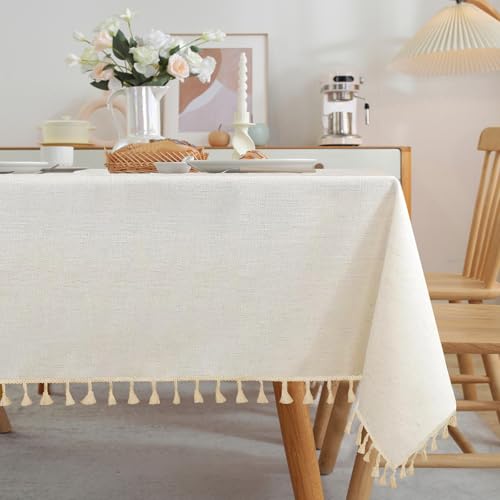 Jia le JIALE Textured Tablecloths, Heavy Duty Cotton Linen Farmhouse Table Cloth Rectangle Table, Waterproof Wrinkle-Free Rectangle Tablecloth for Kitchen, Dining, Parties, 55"x75", Ivory - Image 1