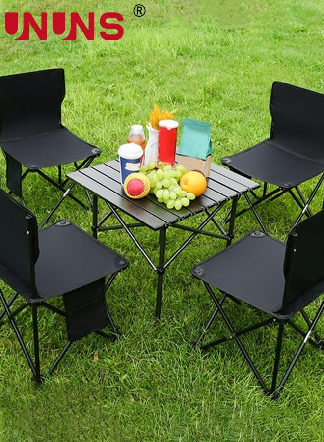UNUNS Camping Chair And Table Set,Set of 5 Folding Camping Table And Chair Set,Camp Chairs Lawn Chair,Lightweight Camp Table,Foldable Camping Stool With Storage Bag,Carrying Bag For Beach BBQ Sport Hiking Fishing,Black - Image 1